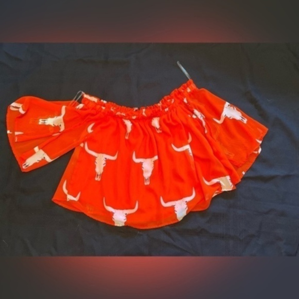 Peach Love off the shoulder cow skull ruffle orange crop top